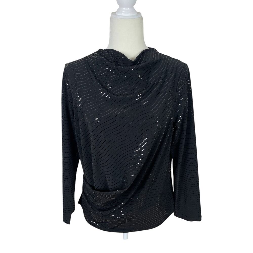 Clara Sun Woo Sequin Cowl Neck Faux Wrap Front Top Black Sz Large Cocktail Chic